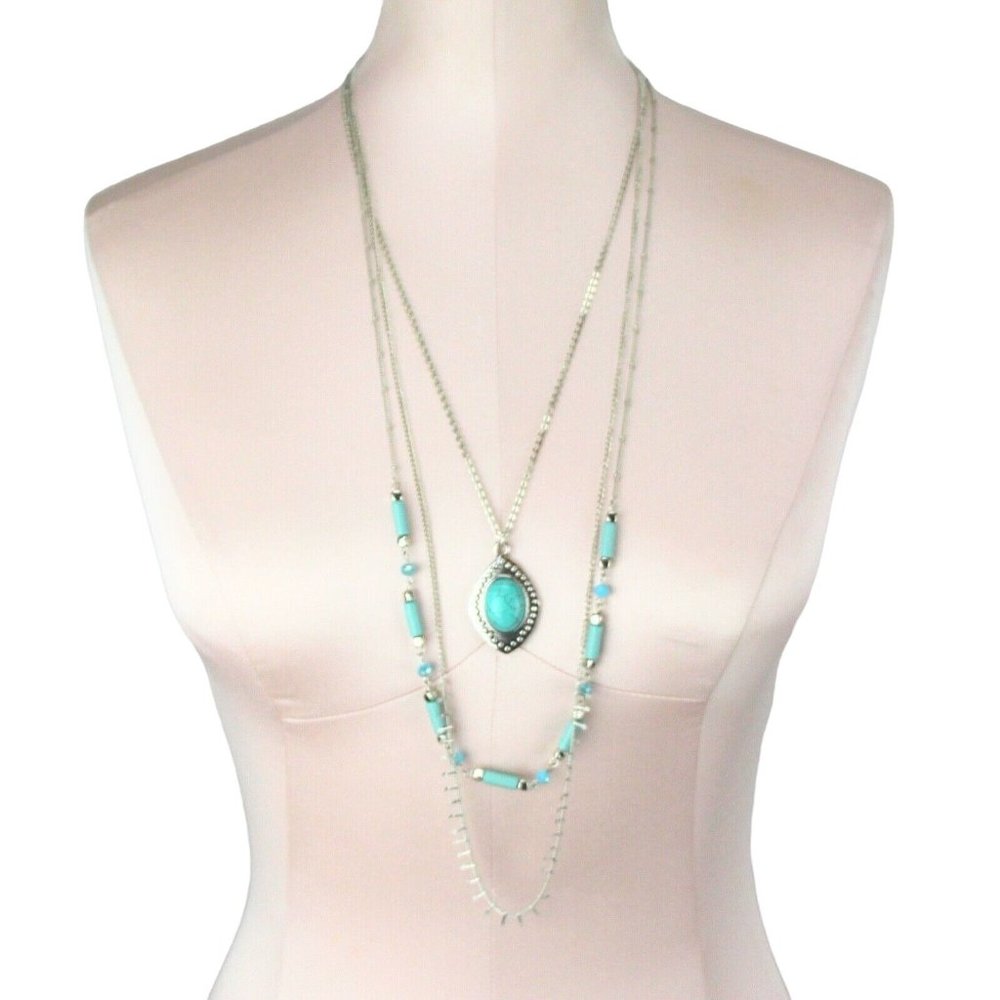 Color Long Triple Strand Necklace Silver Tone with Simulated Turquoise Beads & P